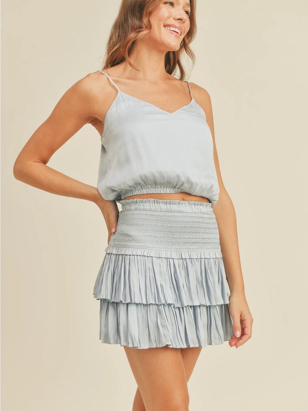 The Reset Pale Blue Tiered Ruffle Mini Skirt